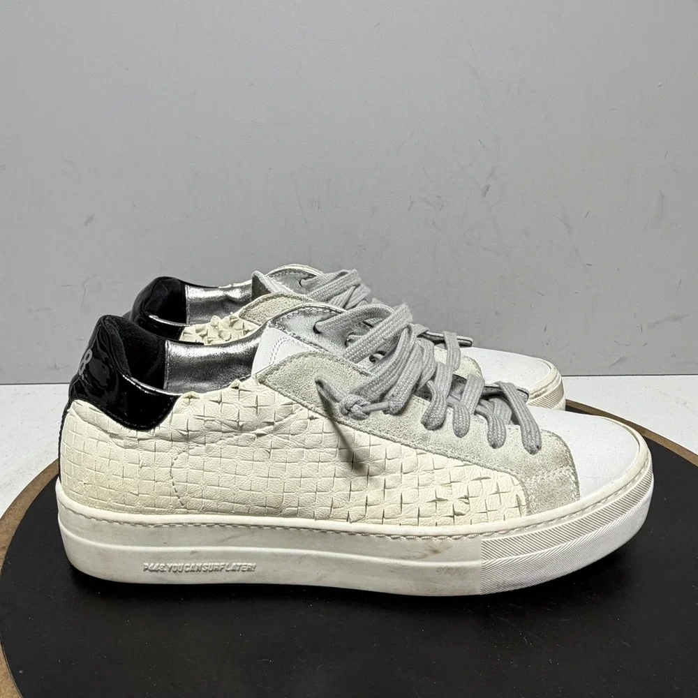 P448 Sneakers Women Size 8 Woven Leather Low Top White Black Streetwear